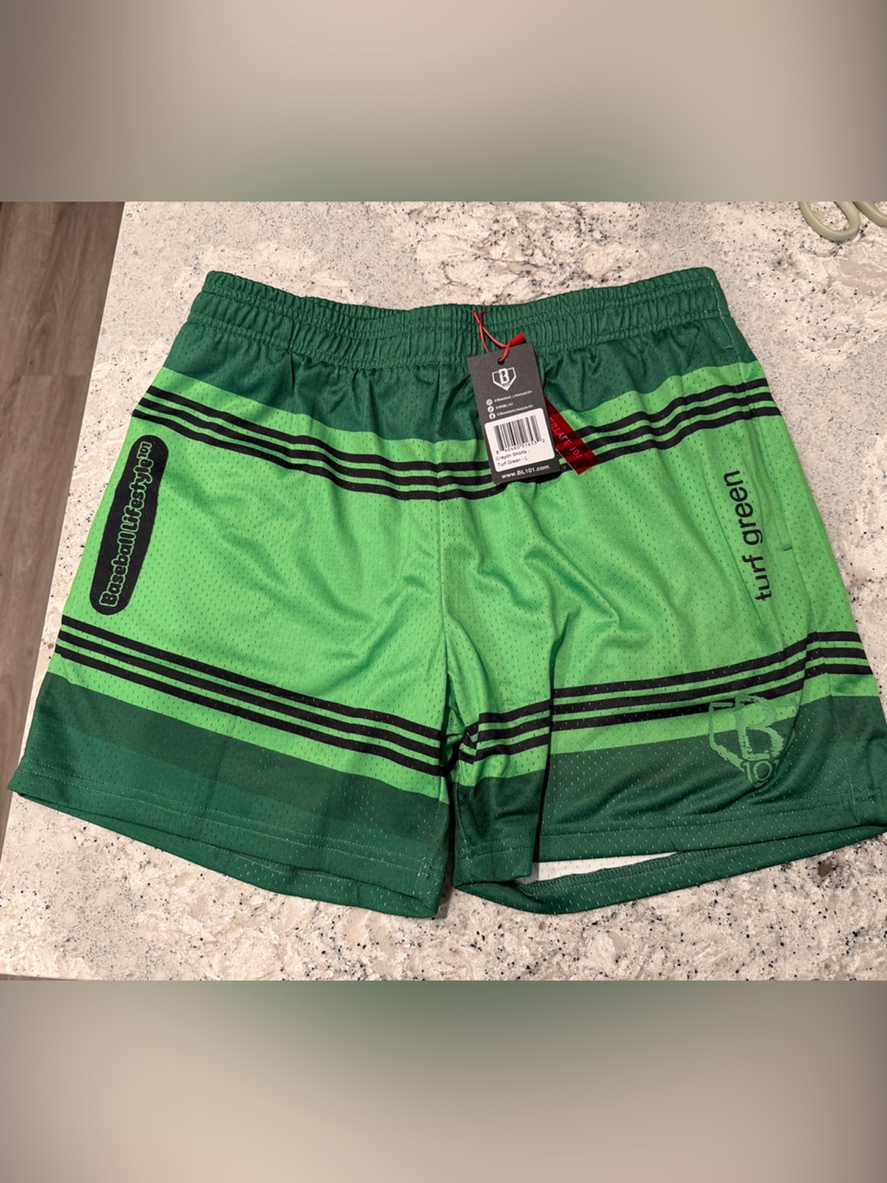 Men's Turf Green Athletic Shorts with Black Stripe Detail